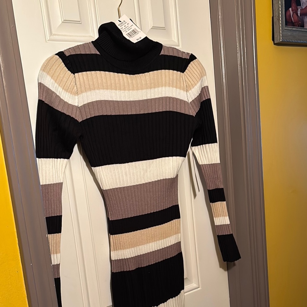 Almost Famous Black and Cream Striped Long Sleeve Dress